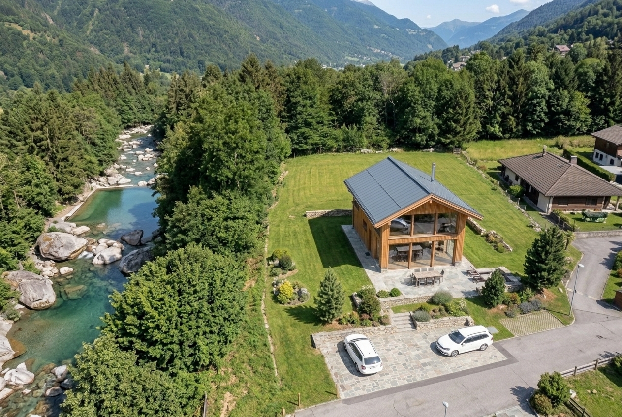 Vista dal drone: la casa, il prato e il bosco